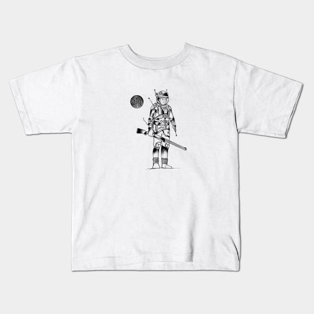 Mr. Spaceman Black And White Illustration Kids T-Shirt by Brokoola